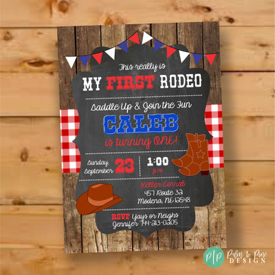 cowboy birthday invitation with rustic wooden background and chalkboard finish
