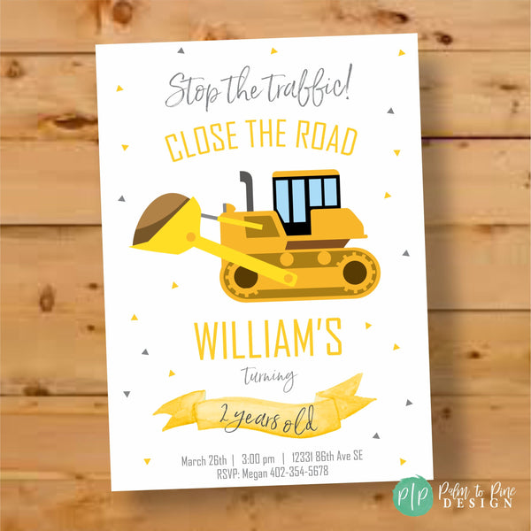 Construction Birthday Invite with bulldozer and modern design