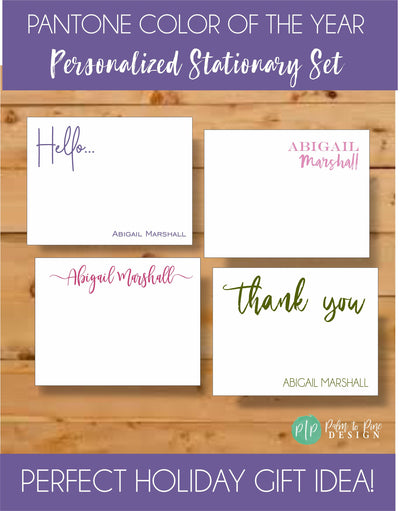 a set of four personal stationery cards with the words perfect holiday gift idea