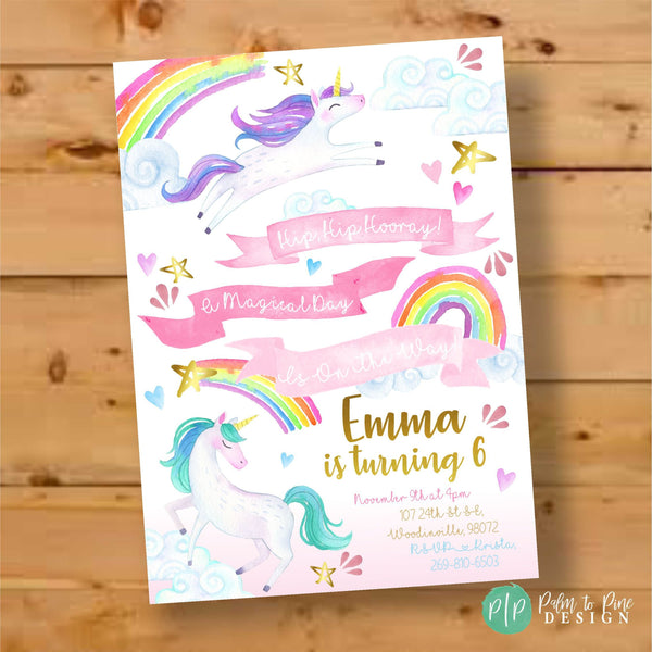 Watercolor rainbow unicorn birthday invitation, available printed or digital, personalized with name and age