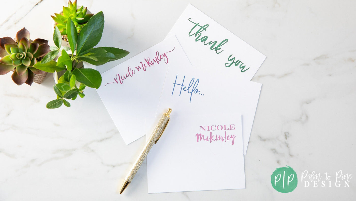 personalized stationery on granite background with plants