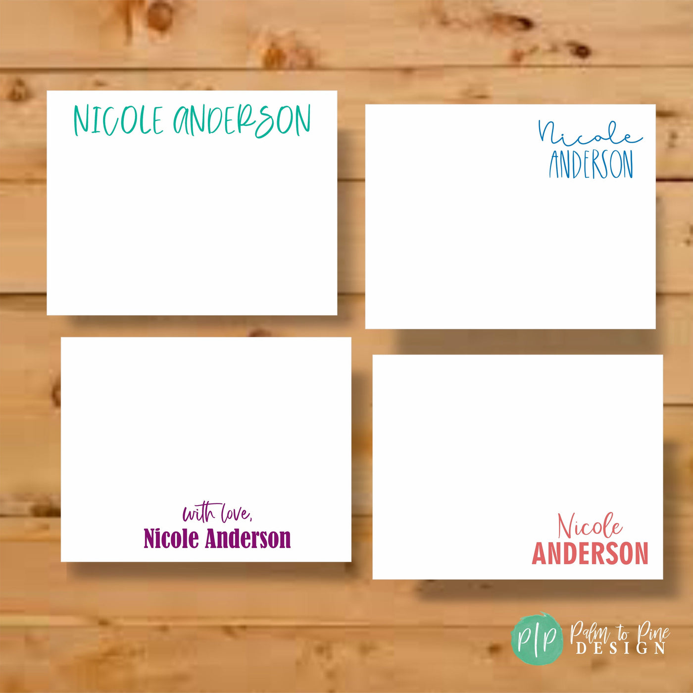 personalized stationery set for women with four unique designs in modern font typeography
