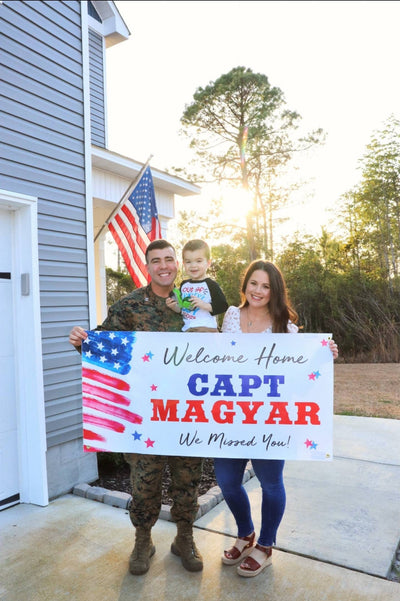 military welcome home banner with USA flag and personalized name