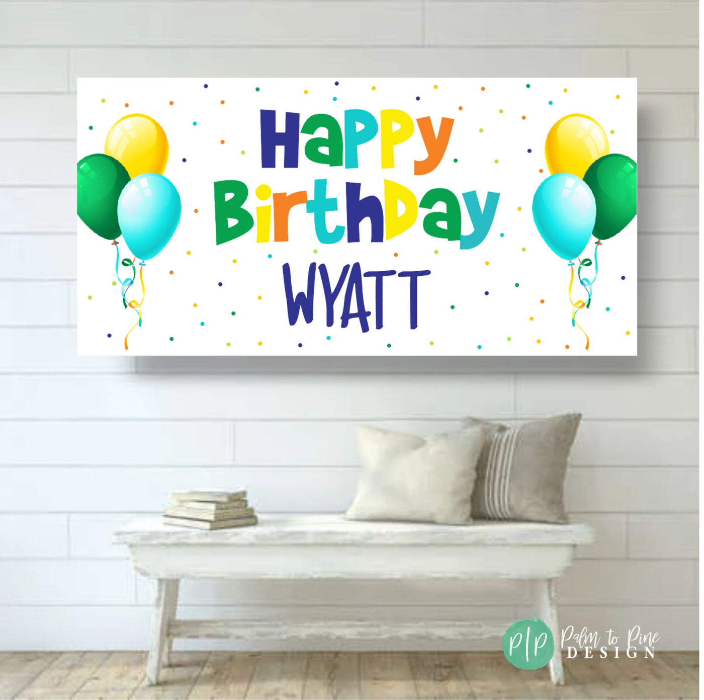 generic happy birthday banner for boys with balloons in blue, green, yellow and orange with polka dots