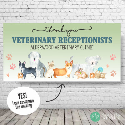 Veterinary Receptionist Week Appreciation Banner with dogs, cats, pocket pets and paw prints