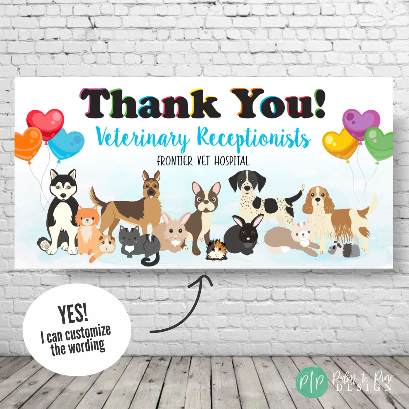 Veterinary Receptionists appreciation week banner with dogs, cats and pets in rainbow colors with heart balloons