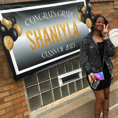 A black and gold banner with the text &#39;Congrats Grad! Graduates name and Class of date