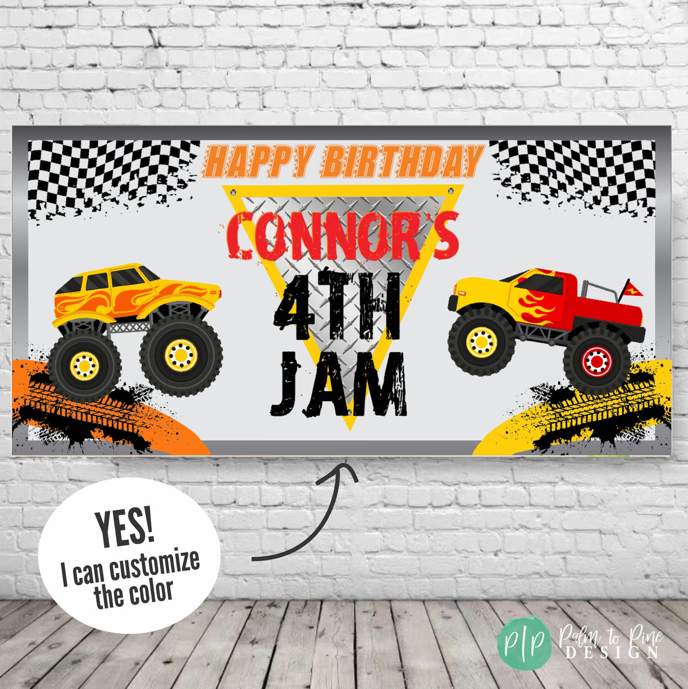 red, orange and yellow monster truck birthday banner for boys party