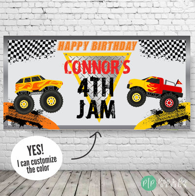 red, orange and yellow monster truck birthday banner for boys party