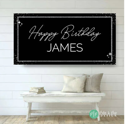 Black and Silver Personalized Banner, Black and Silver Birthday Decor, Black and Silver Birthday Sign, Black and Silver Custom Backdrop