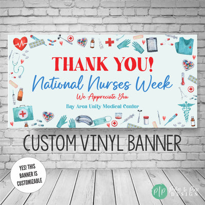 National Nurses Week Appreciation Banner with medical equipment border in blue