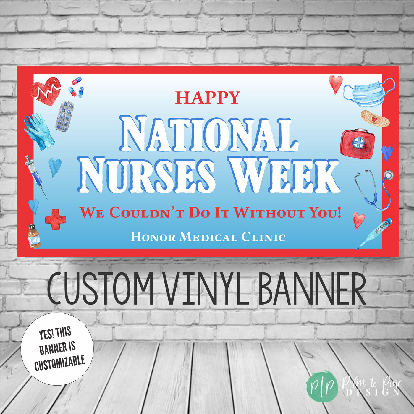 National Nurses Week Appreciation banner with medical equipment clipart, blue and red watercolor design