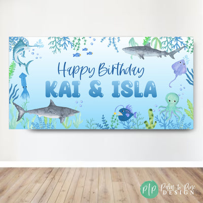 Whimsical Shark and Sea Life Watercolor Banner for Birthday Party