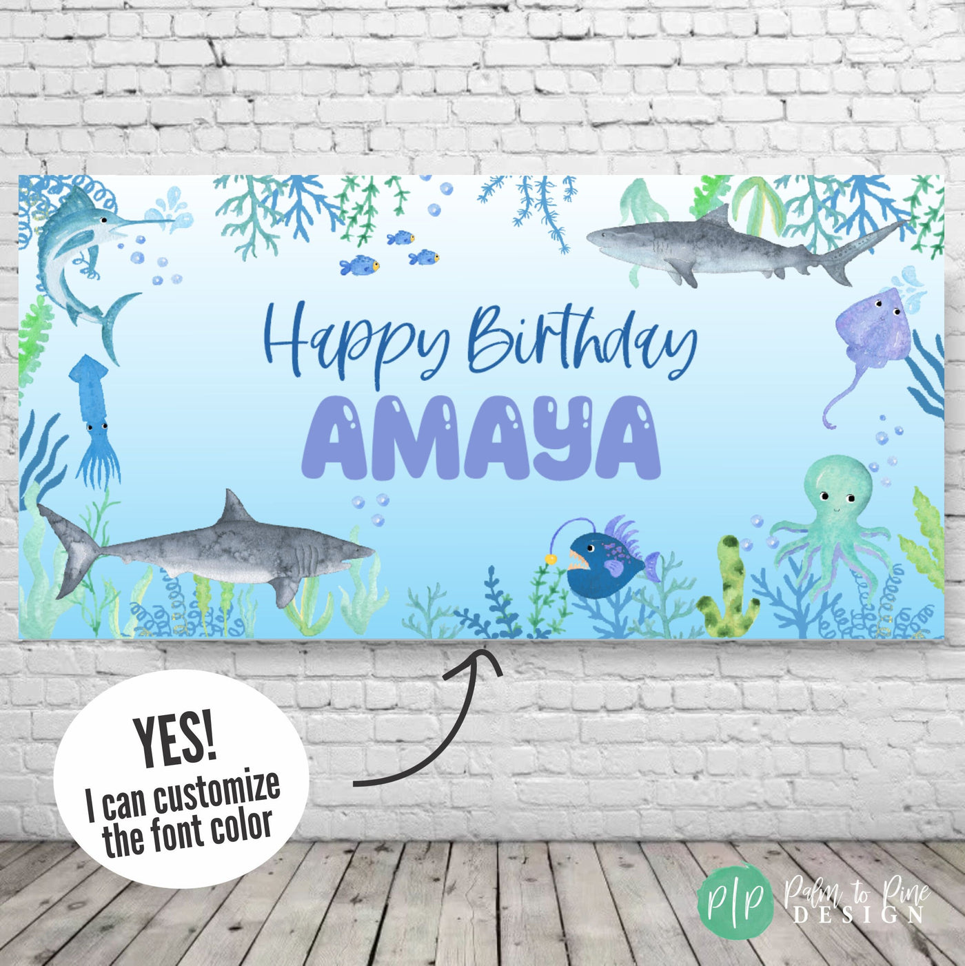 Under the Sea Shark Birthday Banner Featuring Watercolor Sea Life