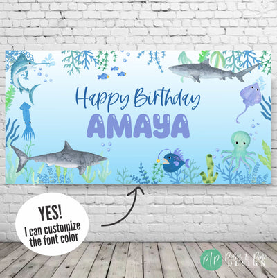 Under the Sea Shark Birthday Banner Featuring Watercolor Sea Life