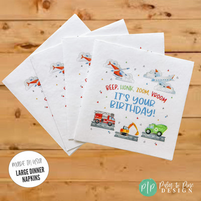 transportation birthday napkins with plane, helicopter, firetruck, excavator and garbage truck
