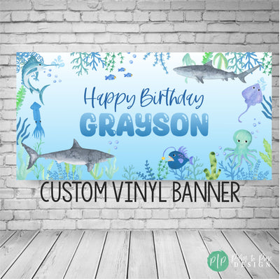 Watercolor Shark Birthday Banner with Under the Sea Sea Life Animals