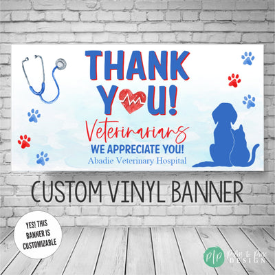 Veterinary Appreciation Day banner with red and blue dog and cat and medical equipment clipart