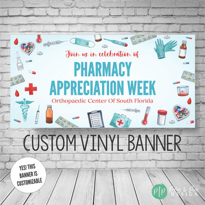 pharmacy appreciation week decor with pharmaceutical supplies like medicines, nurse gloves, scrubs and more