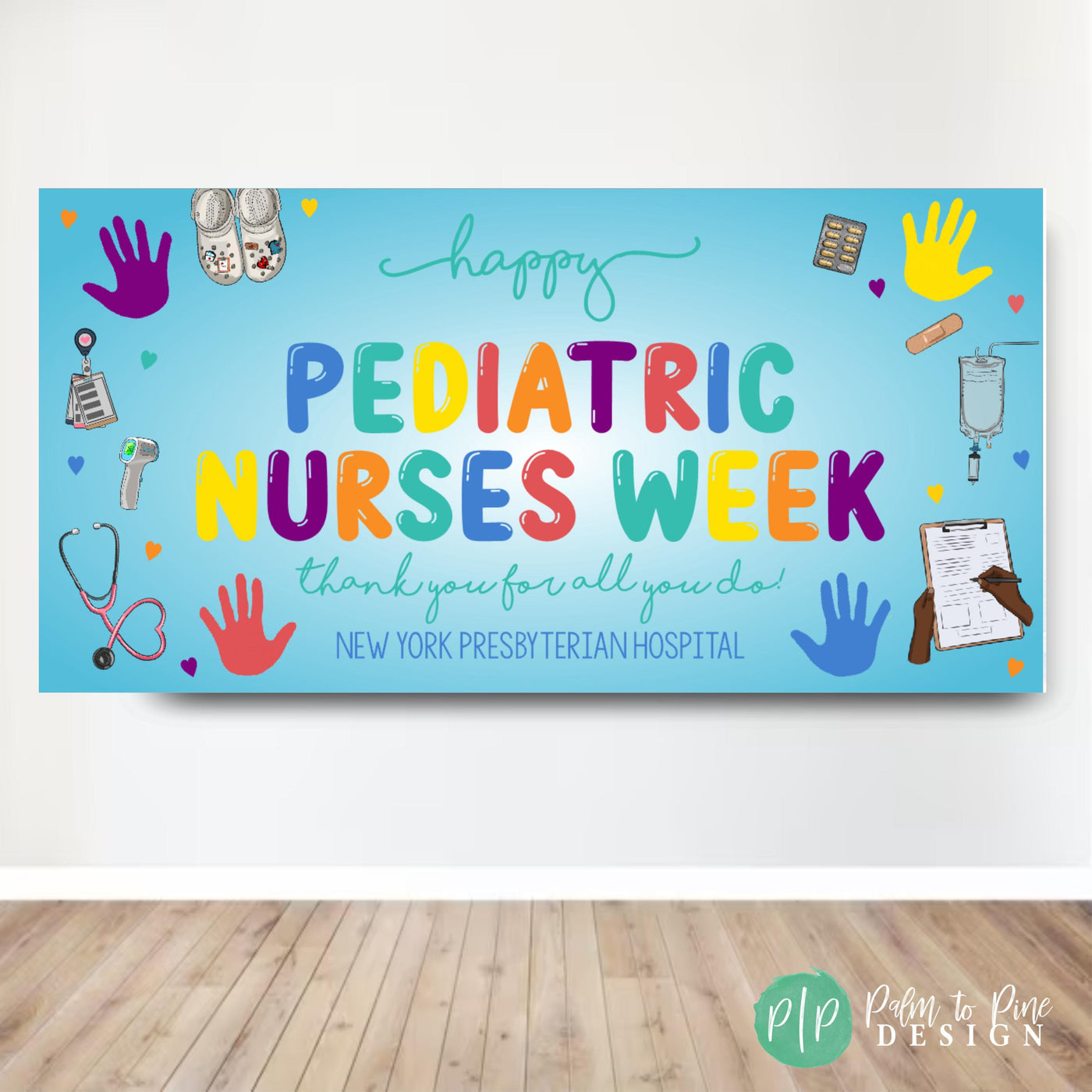 pediatric nurses week appreciation banner with colorful rainbow handprints and medical equipment clipart