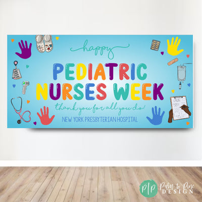 pediatric nurses week appreciation banner with colorful rainbow handprints and medical equipment clipart
