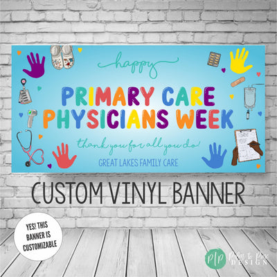 primary care physicians week appreciation banner in rainbow colors with kids hand prints and medical equipment