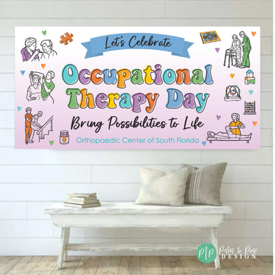 Occupational Therapy Month Appreciation banner with occupational therapists performing job duties on a purple gradient background with modern color scheme