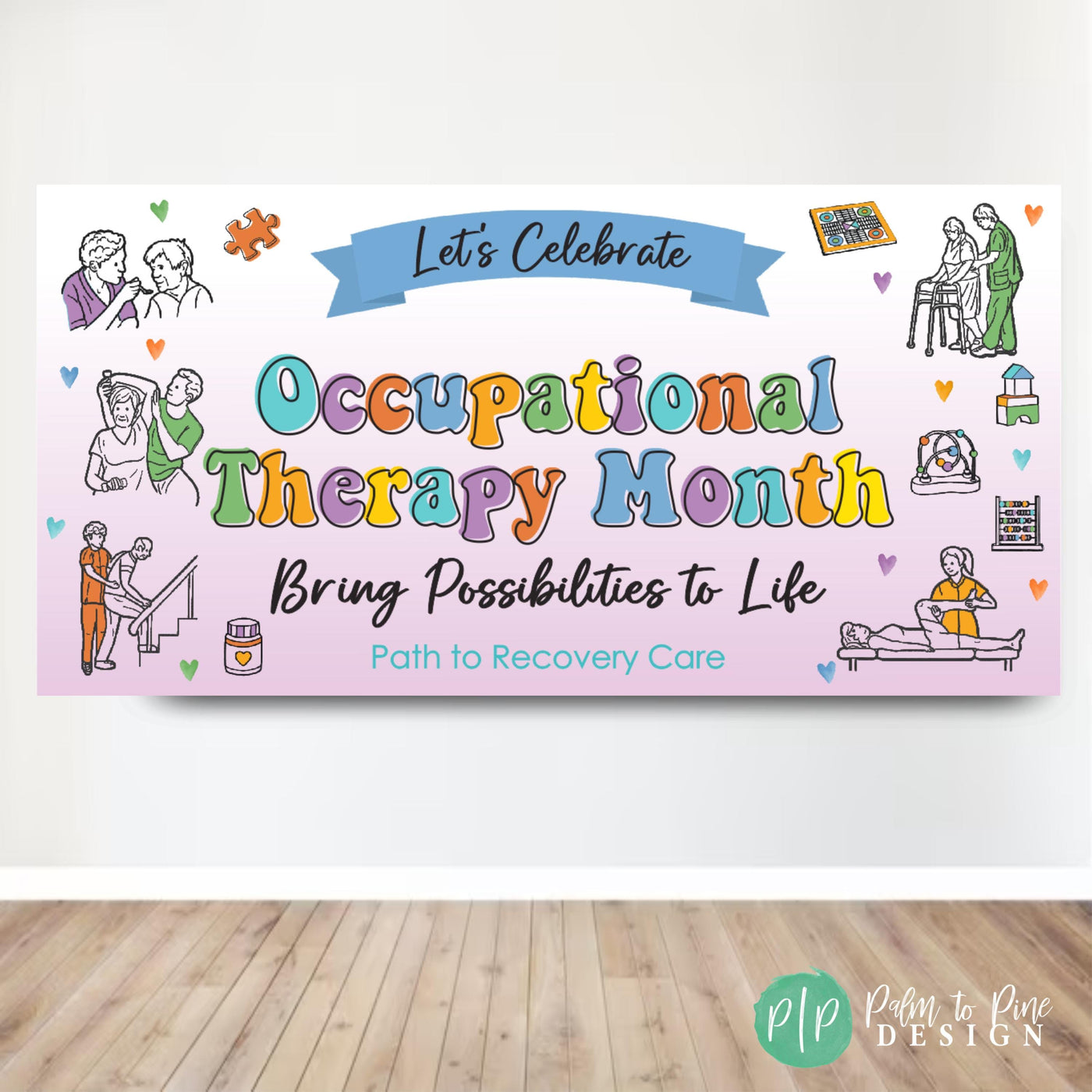 Occupational Therapy Month Appreciation banner with OT clipart images in rainbow color for celebrating Occupational Therapists in April