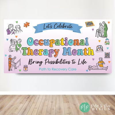 Occupational Therapy Month Appreciation banner with OT clipart images in rainbow color for celebrating Occupational Therapists in April