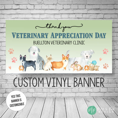 Thank You Veterinary Appreciation Day Banner with dogs, cats and other pets and paw prints