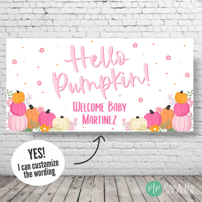Pink and white &#39;Hello Pumpkin!&#39; baby shower banner features pumpkins and flowers.  The banner is customizable with a name, in this case, &#39;Martinez&#39;.  It&#39;s perfect for a fall-themed baby shower. The text &#39;Welcome Baby&#39; is also included.  The banner is designed for easy customization.