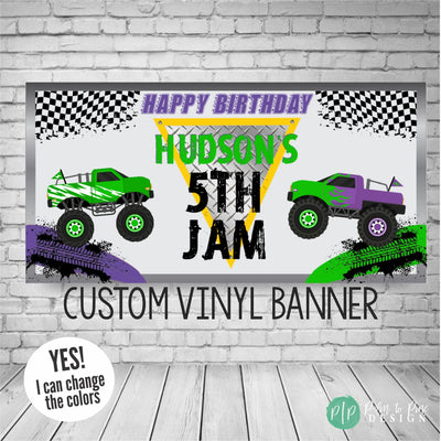 monster truck banner with tire marks, checkered flags and monster truck clipart