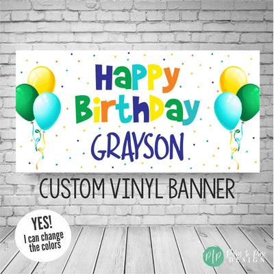 generic happy birthday banner for boys in blue, green, yellow and orange with polka dots