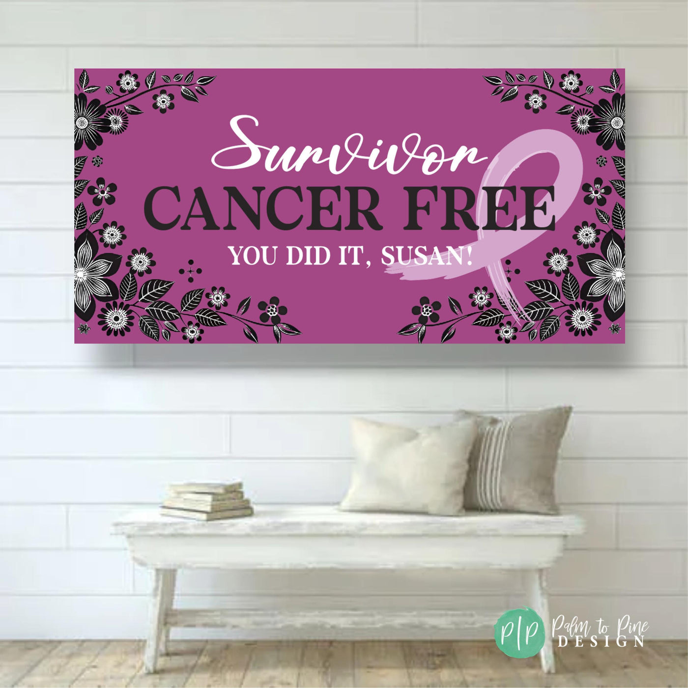 Purple cancer-free survivor banner with black floral design and purple ribbon. Text reads: &#39;Survivor Cancer Free You Did It, Name!&#39;