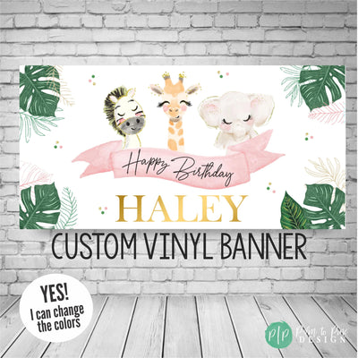 girls jungle animal birthday banner