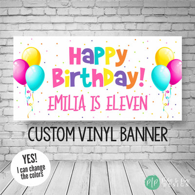 generic happy birthday banner for girls in pink, purple, orange, yellow and turquoise with polka dots