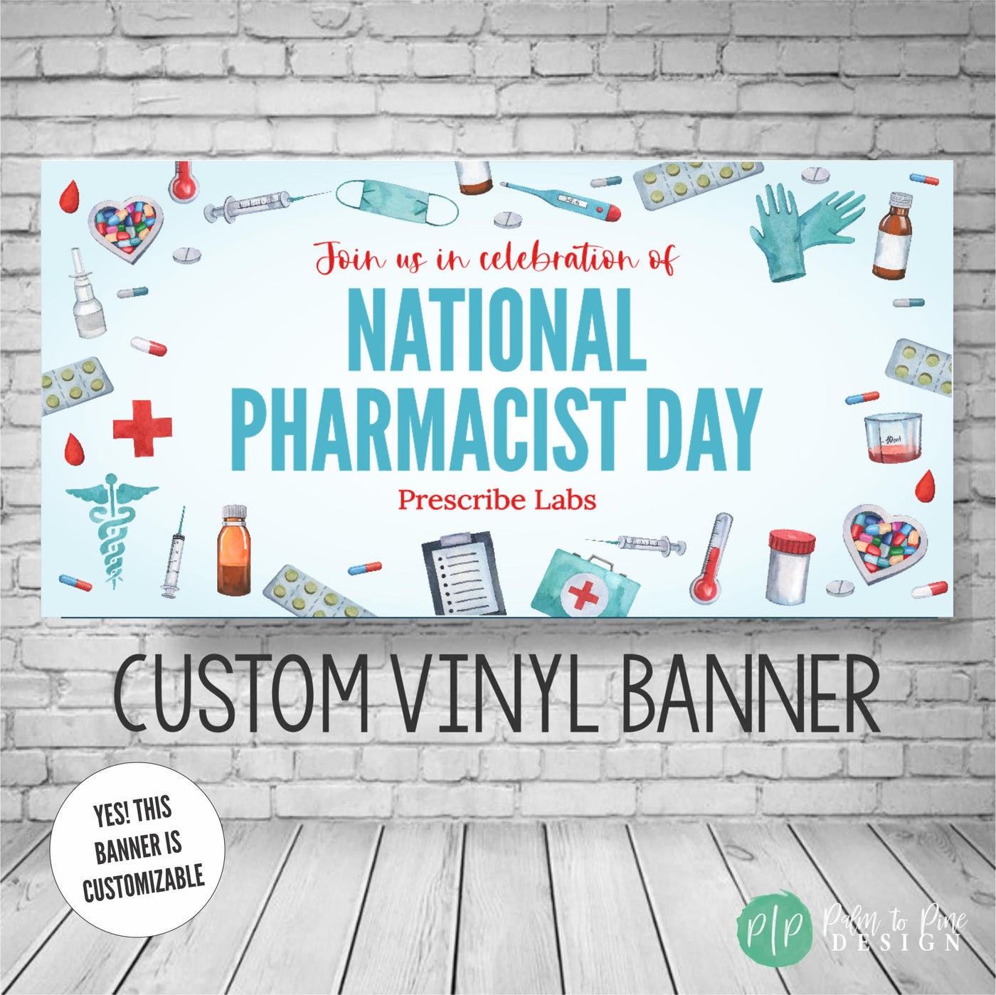 pharmacists appreciation day banner with pharmacy decorations like medicine, syringes and gloves