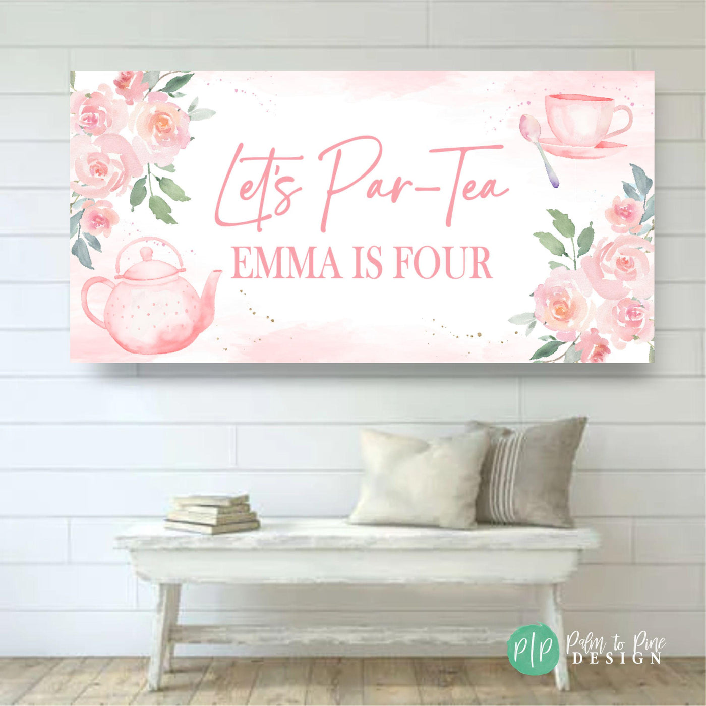 Tea Party Birthday Banner, Personalized Tea Party Birthday Backdrop, Bridal Shower Tea Party Decorations, Floral Tea Party Birthday Banner