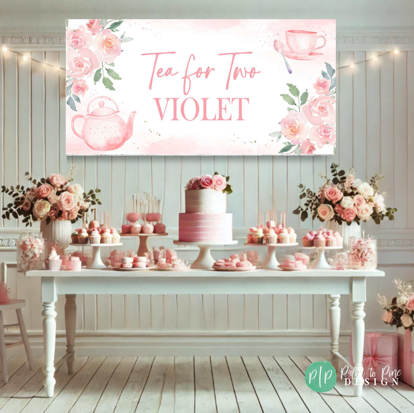 pink feminine tea party birthday banner set in front of a pink and white dessert table
