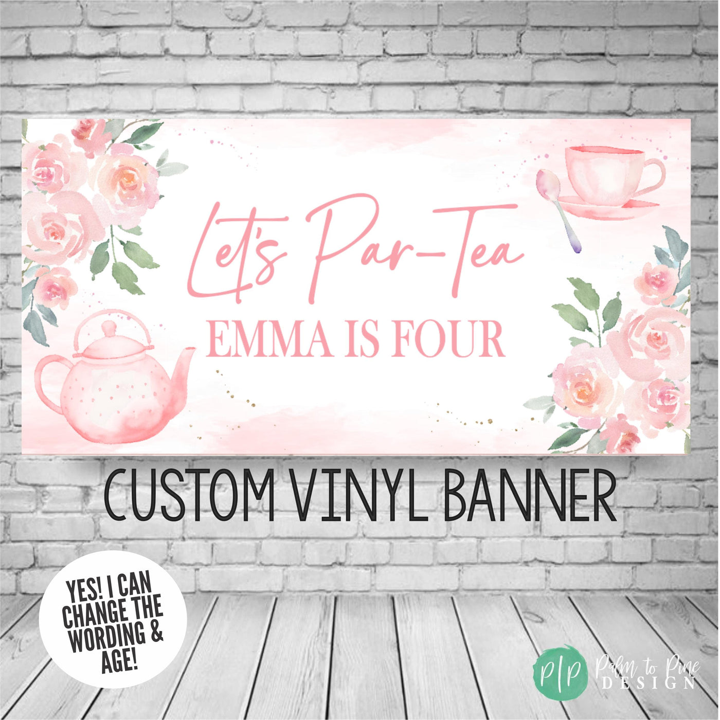 tea party birthday banner with pink floral roses and pink watercolor teapot and cup