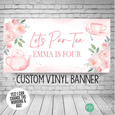 tea party birthday banner with pink floral roses and pink watercolor teapot and cup
