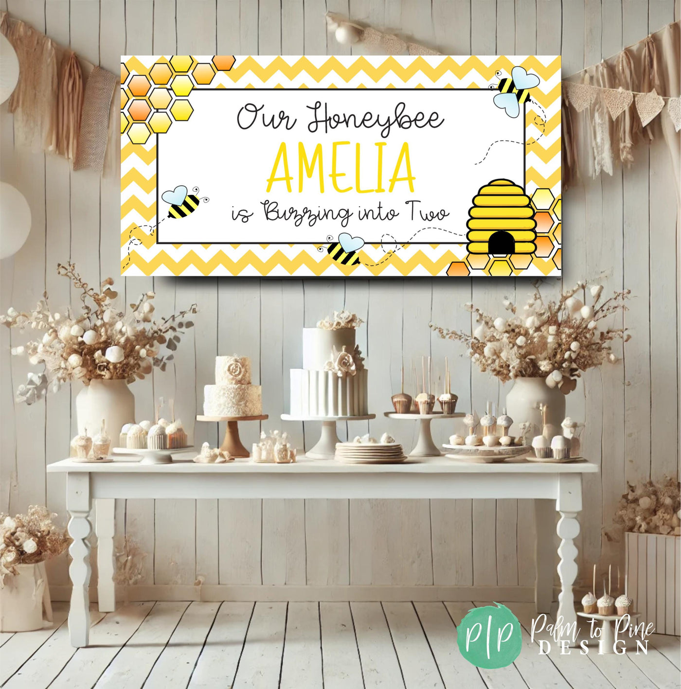 Bee birthday banner and dessert table