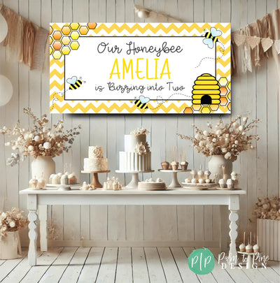 Bee birthday banner and dessert table