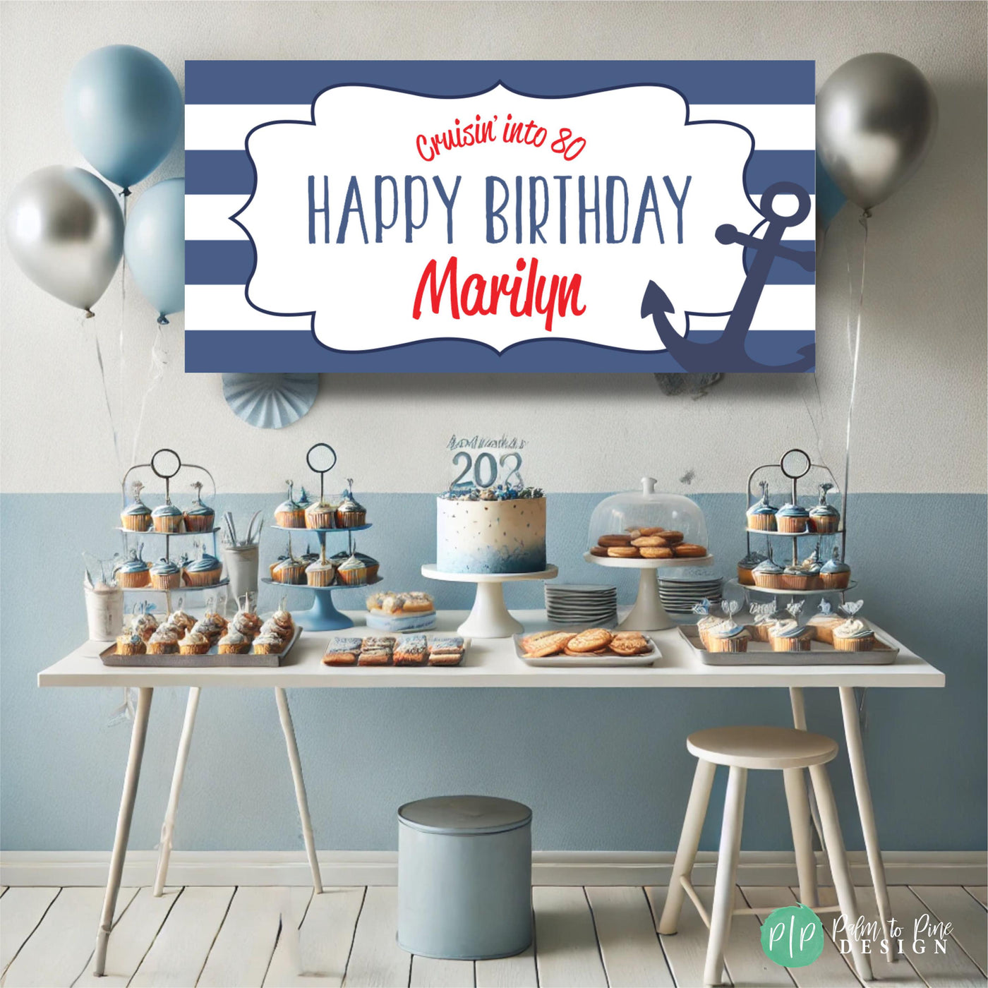 Nautical Birthday Banner, Happy birthday Personalized Banner, Custom Nautical Banner, Cruise Birthday Party Backdrop, Red and Blue Boat Sign