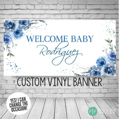 Blue and white floral party banner featuring watercolor roses for a sophisticated event backdrop for a baby shower