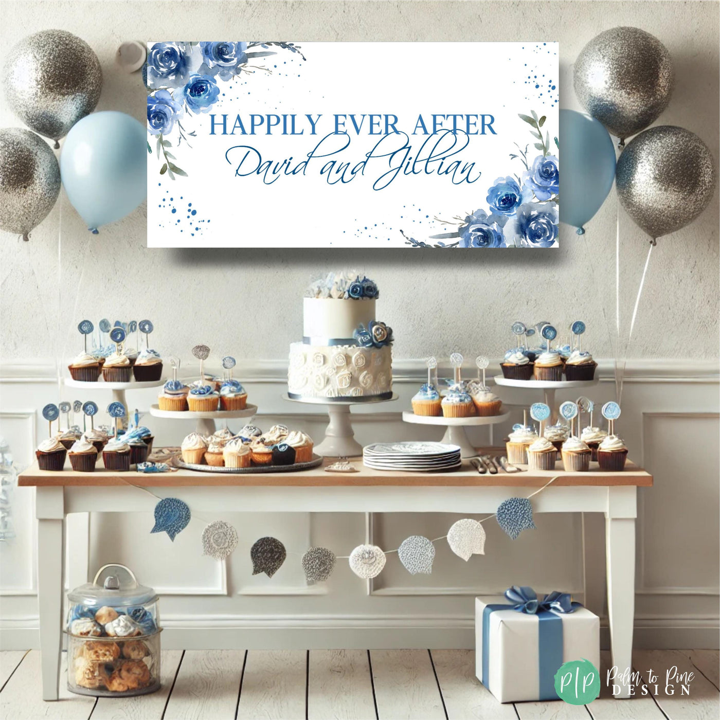 Floral Blue Bridal Shower Banner, Blue Rose Party Banner, Floral Engagement Party Sign, Womens Birthday Banner, Bridal Shower Party Decor