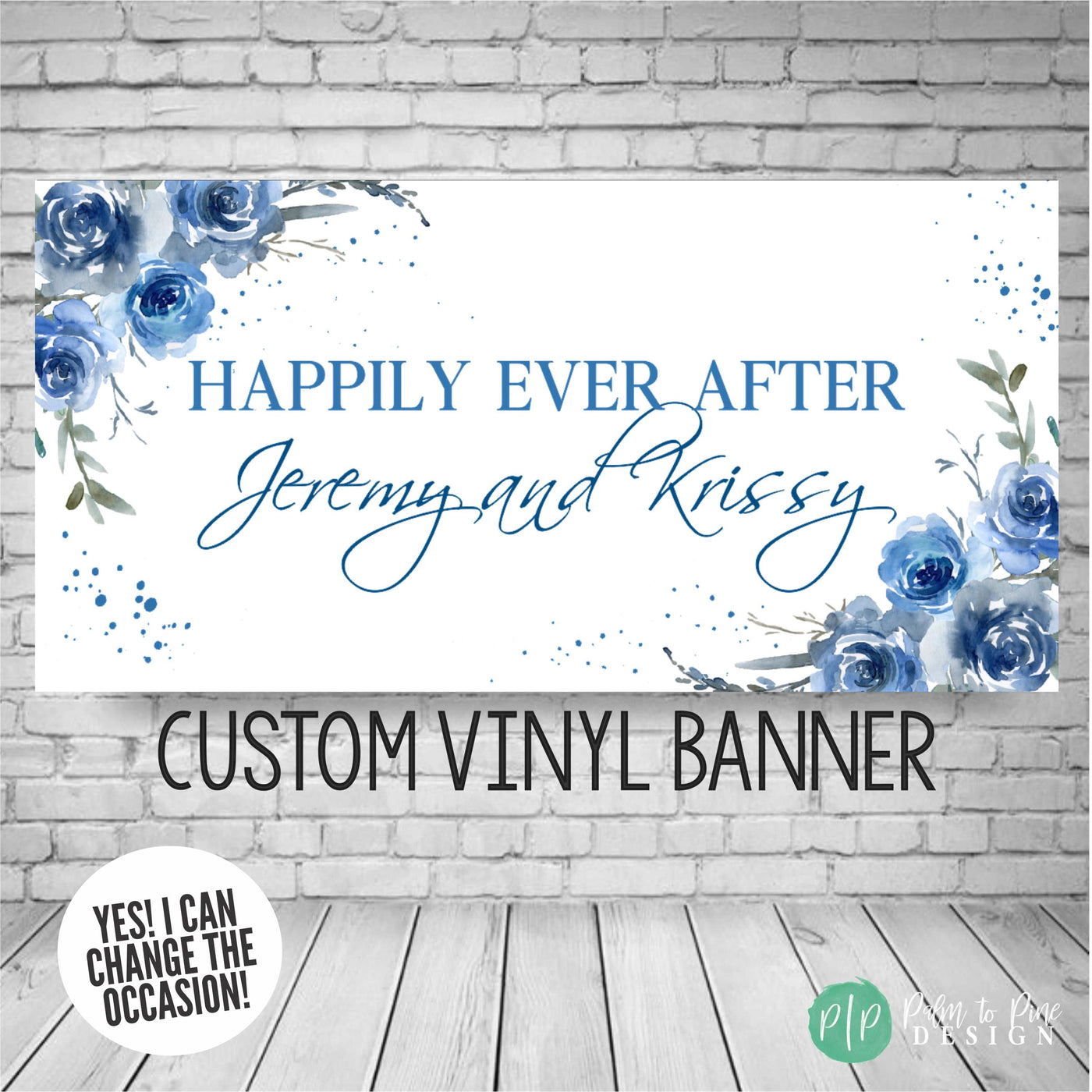 Elegant blue rose floral banner with soft blue happily ever after with name wording for bridal shower