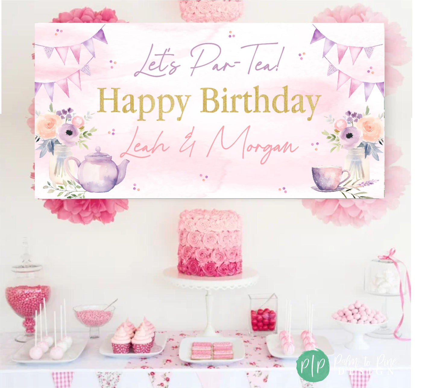 pink tea party banner for garden party