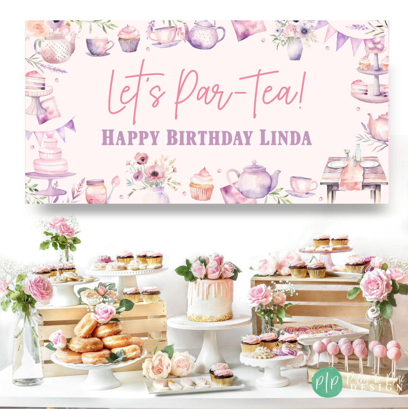 Girls Tea Party Birthday Banner, Personalized Tea Party Birthday Backdrop, Bridal Shower Tea Party Decorations, Baby Shower Tea Party Banner