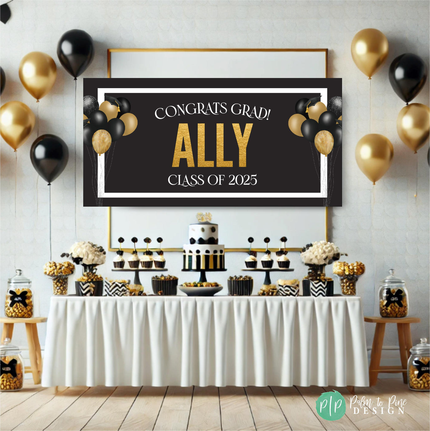 Black and gold graduation banner with &quot;Congrats Grad&quot; and &quot;Class of 2025&quot; text. Decorated with gold balloons and graduation caps in front of a graduation party setting